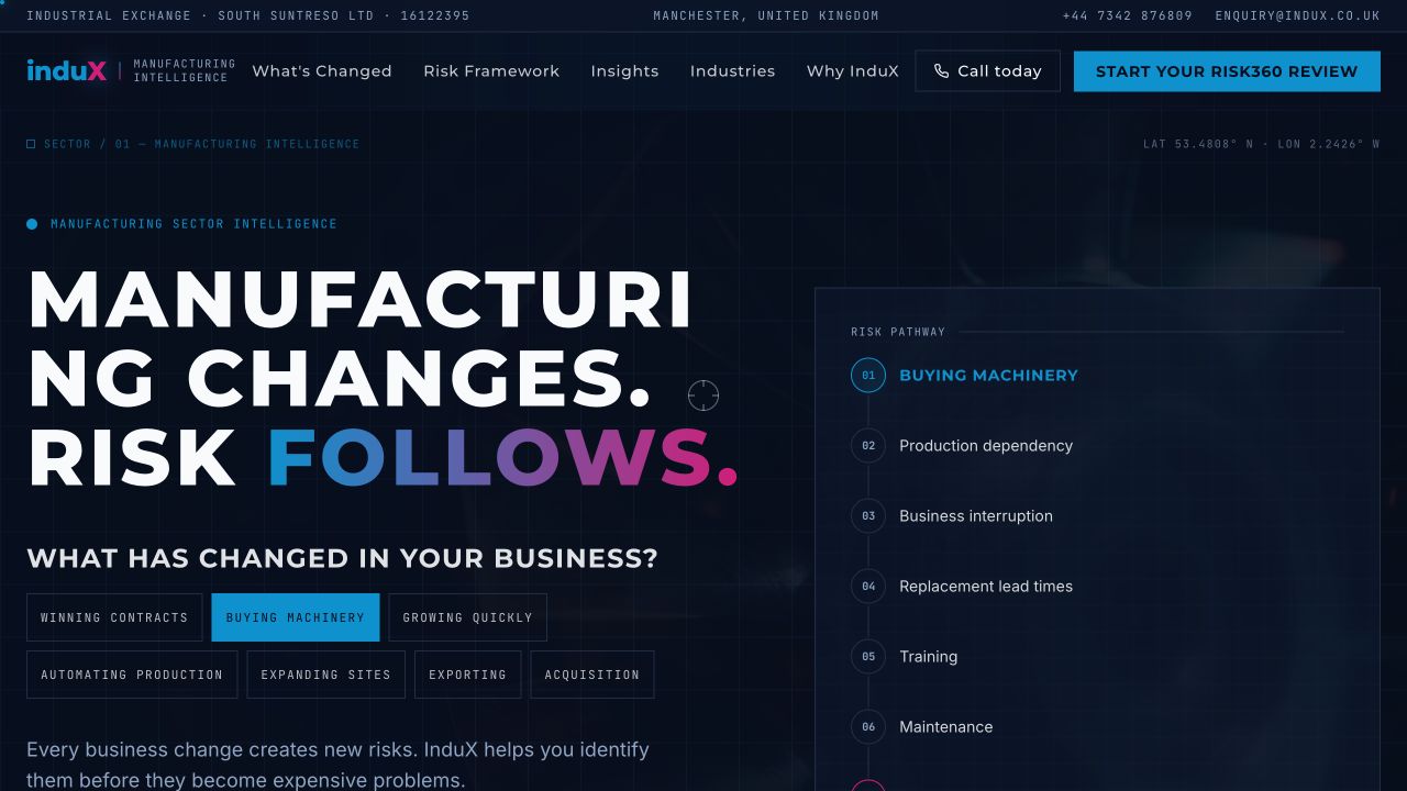 Industrial Exchange homepage showing the change-led manufacturing risk proposition and interactive risk pathway